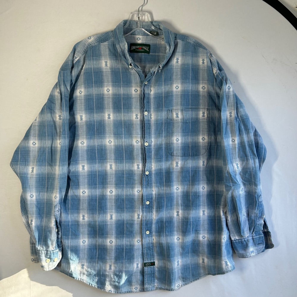 American Eagle Outfitters Vintage Mens XL Blue Plaid Southwestern Cotton Shirt